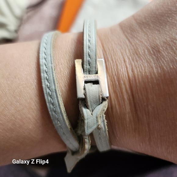 HERMES Tillet Bracelet Leather H Silver Women light baby blue Leather - Picture 3 of 10